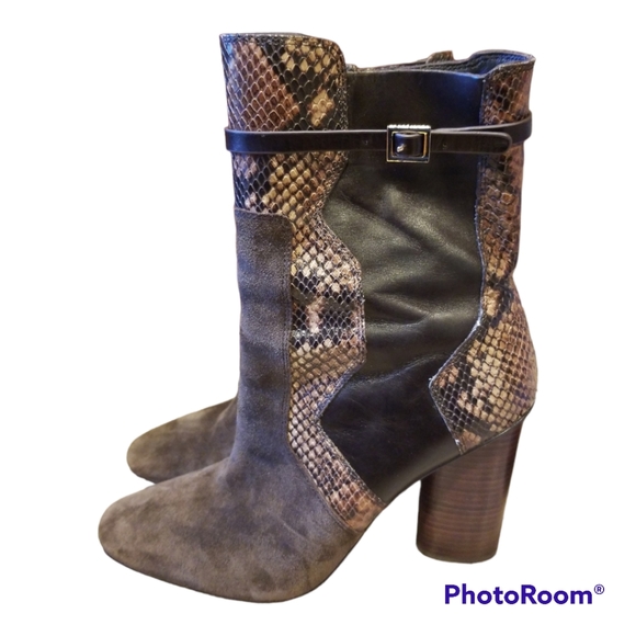 Tory Burch Size 10 Renault Suede and Leather Snakeskin Embossed Ankle Boots - Picture 1 of 7